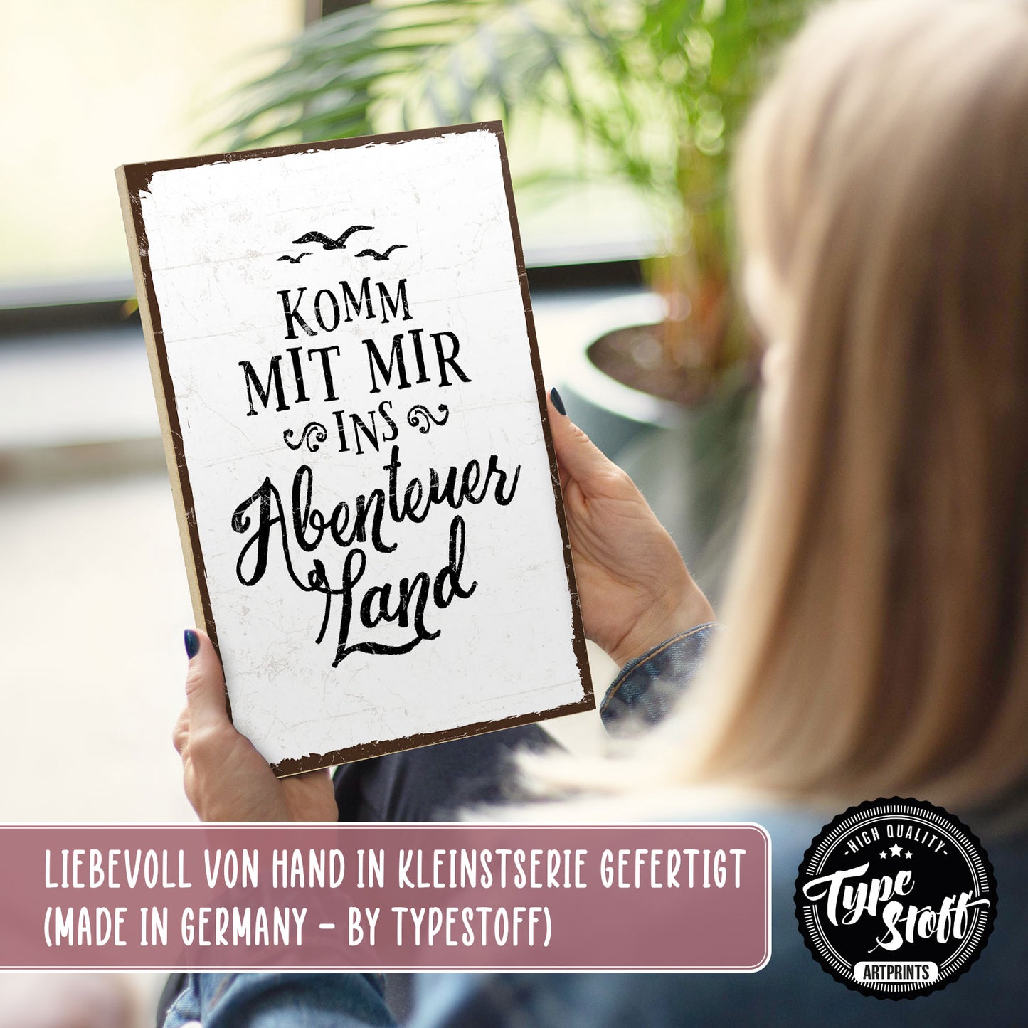 Holzschild mit Spruch - Komm mit mir ins Abenteuerland - HS-GH-00243