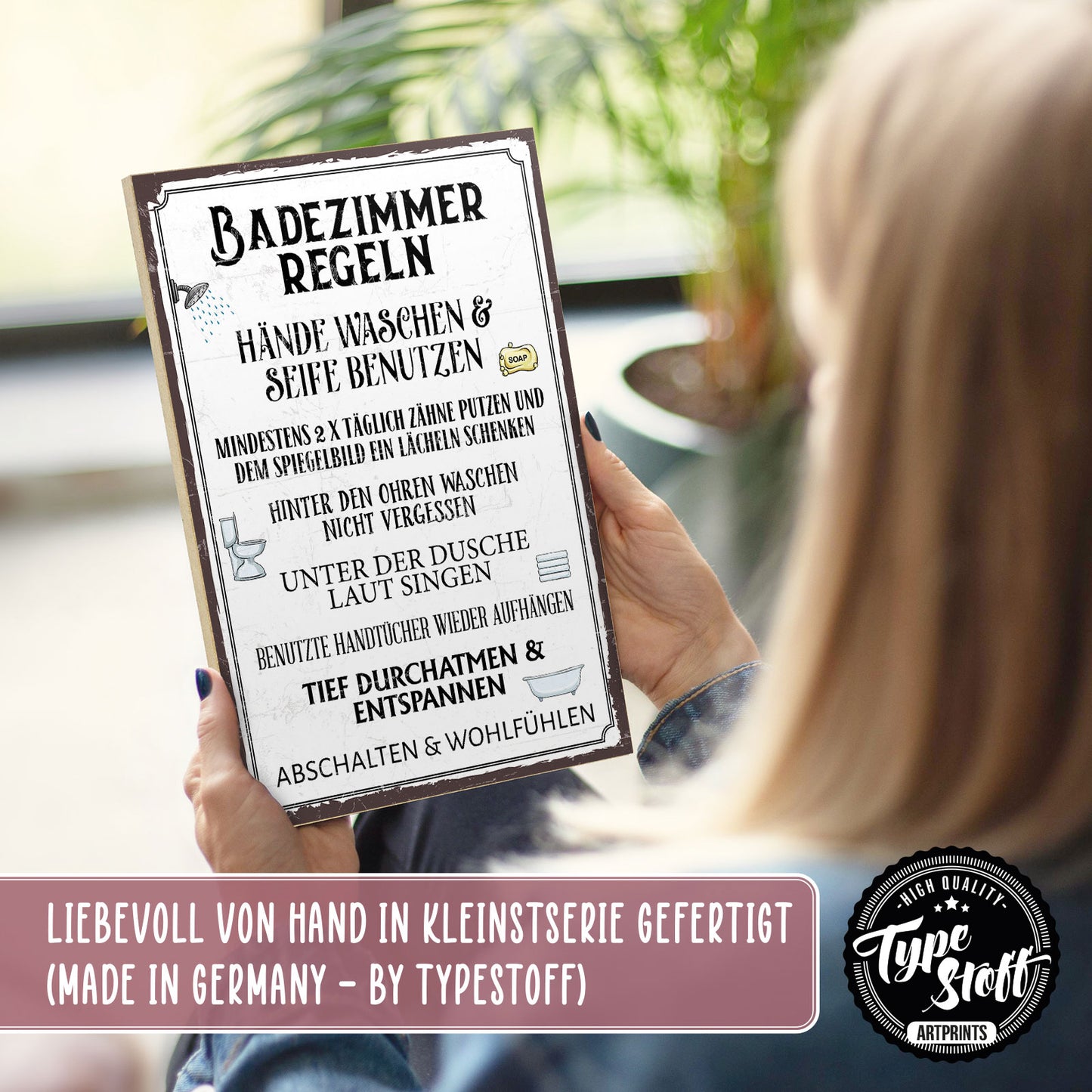 Holzschild mit Spruch - Badezimmer-Regeln – HS-GH-00448