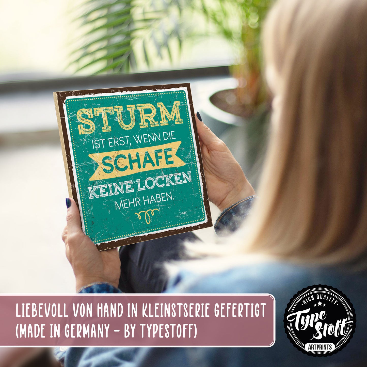 Holzschild mit Spruch - Sturm wenn Schaf keine Locken – HS-QN-00496