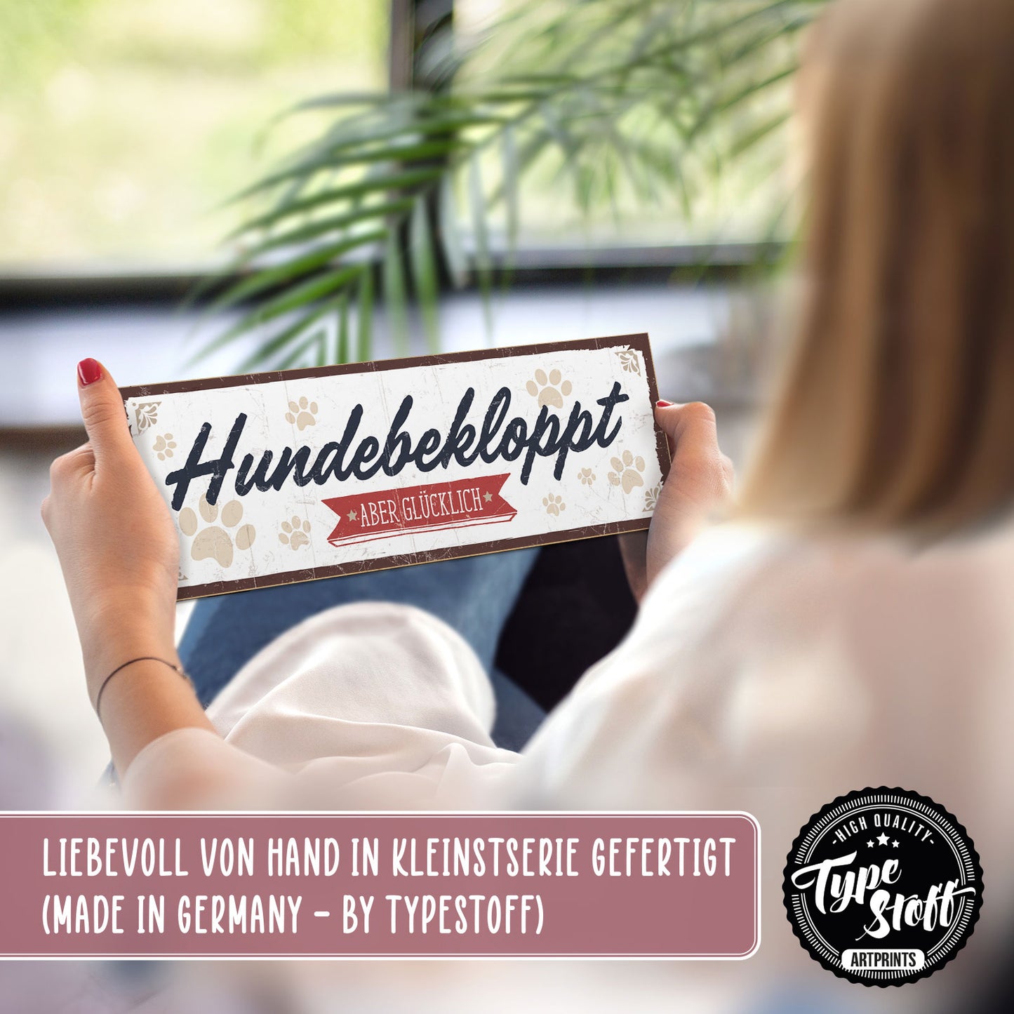 Holzschild mit Spruch - Hund - Bekloppt aber glücklich – HS-KQ-00571
