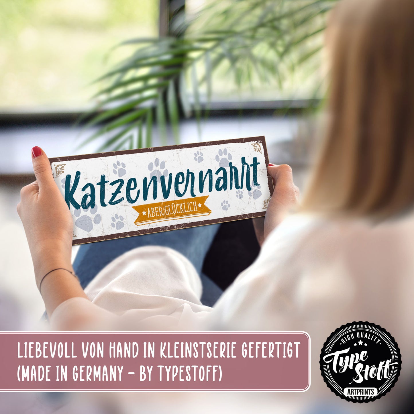 Holzschild mit Spruch - Katze-Katzenvernarrt aber glücklich – HS-KQ-00735