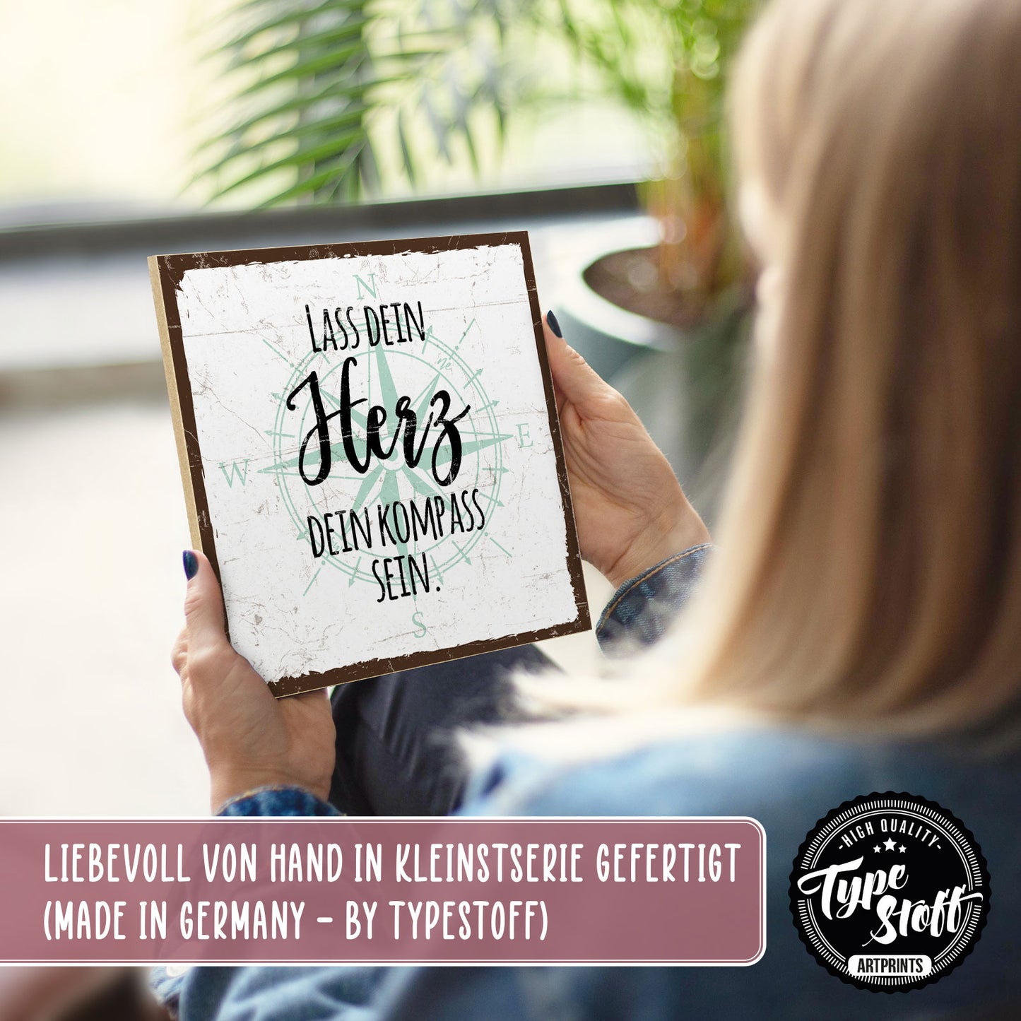 Holzschild mit Spruch - Hygge - Herz - Kompass – HS-QN-00802