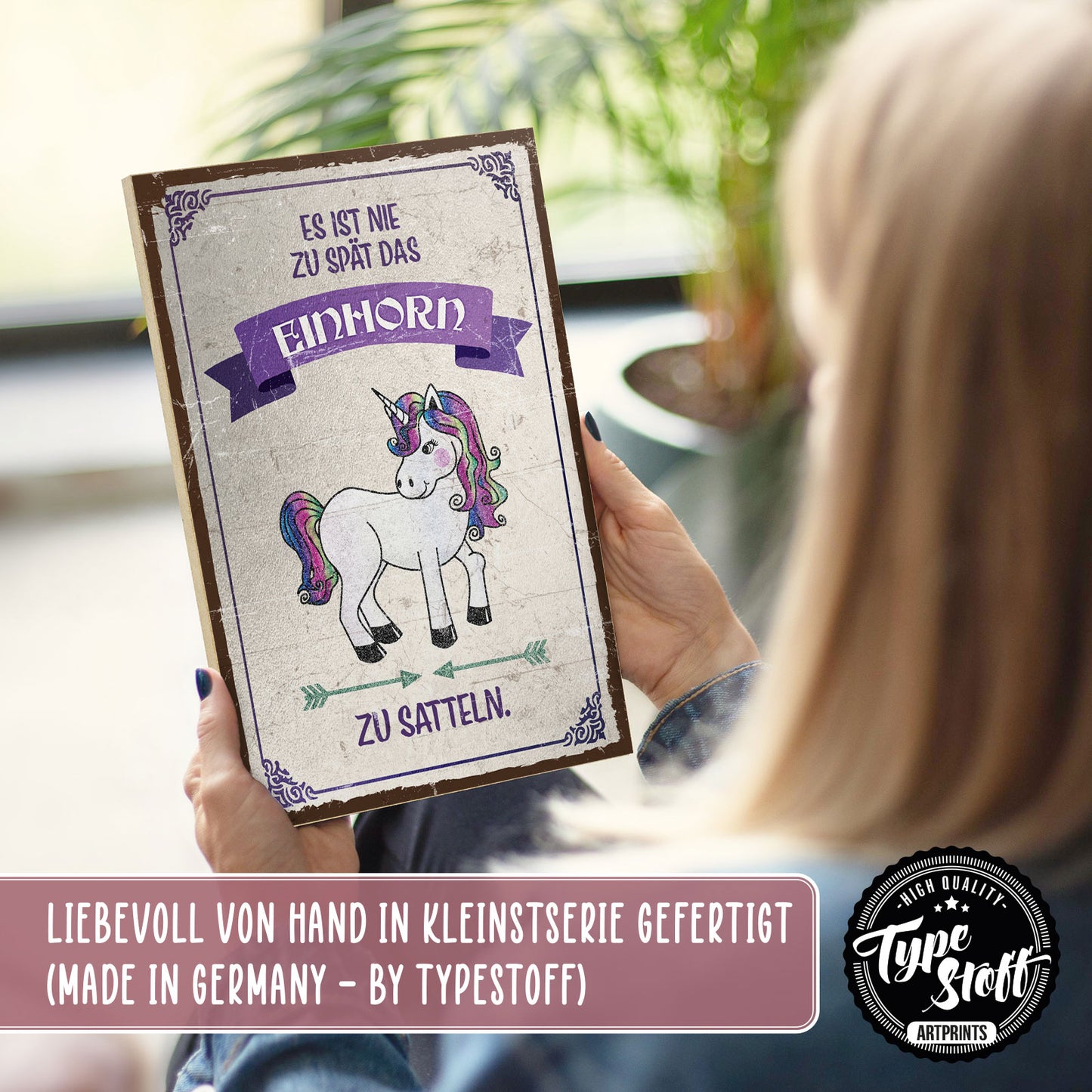 Holzschild mit Spruch - Nie zu spät um Einhorn zu satteln – HS-GH-00817