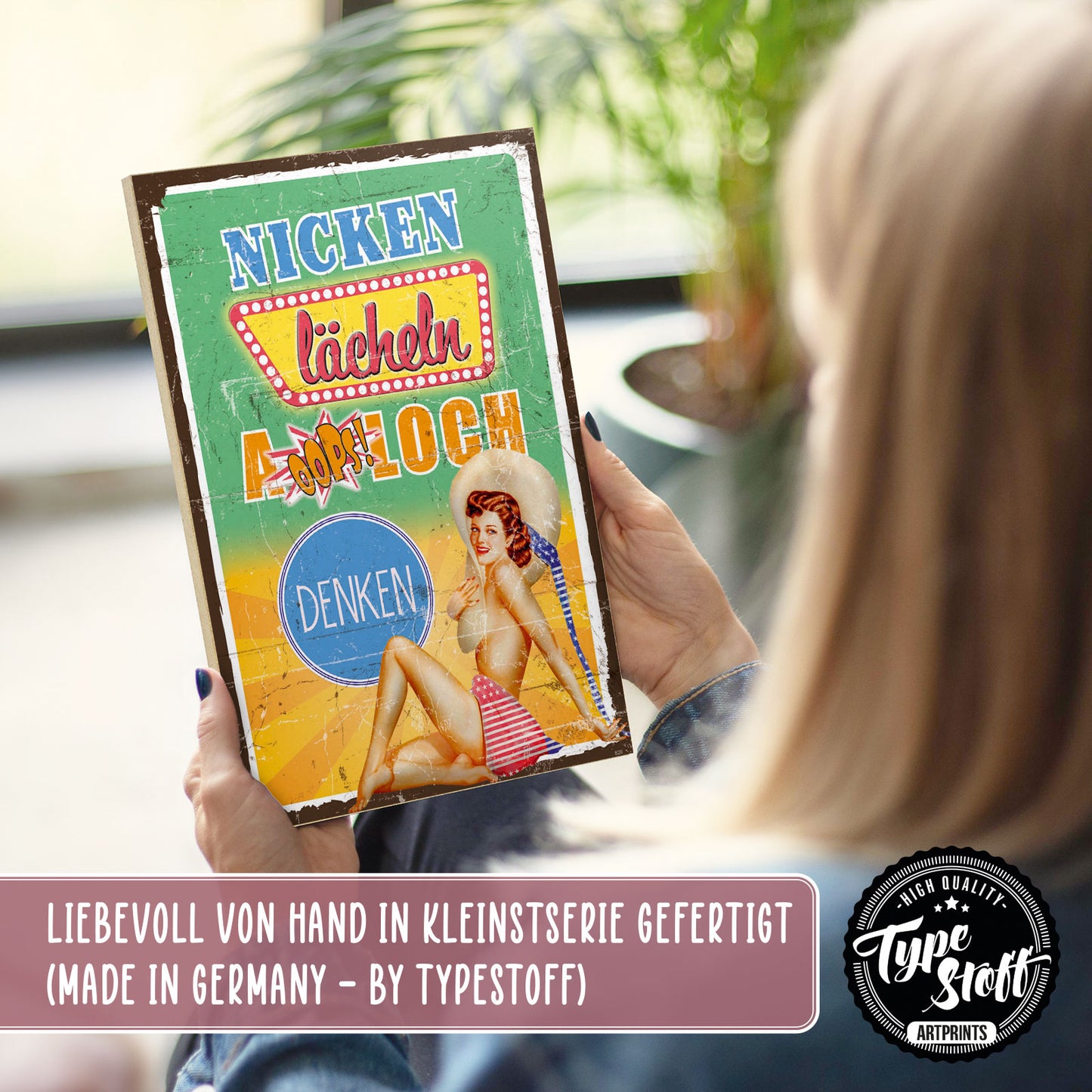 Holzschild mit Spruch - Nicken lächeln Arschloch denken – HS-GH-00828