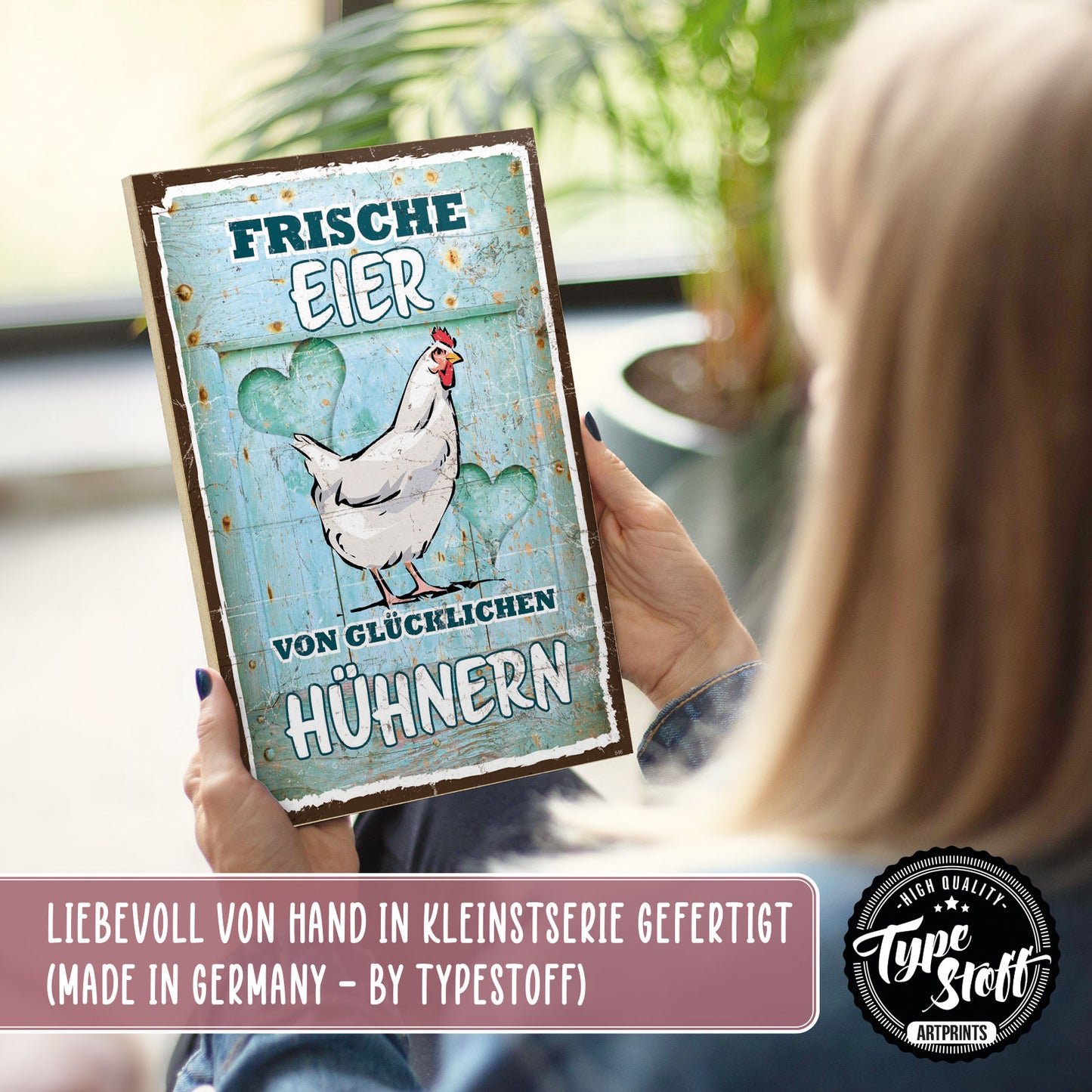 Holzschild mit Spruch - frische Eier - glückliche Hühner – HS-GH-00846