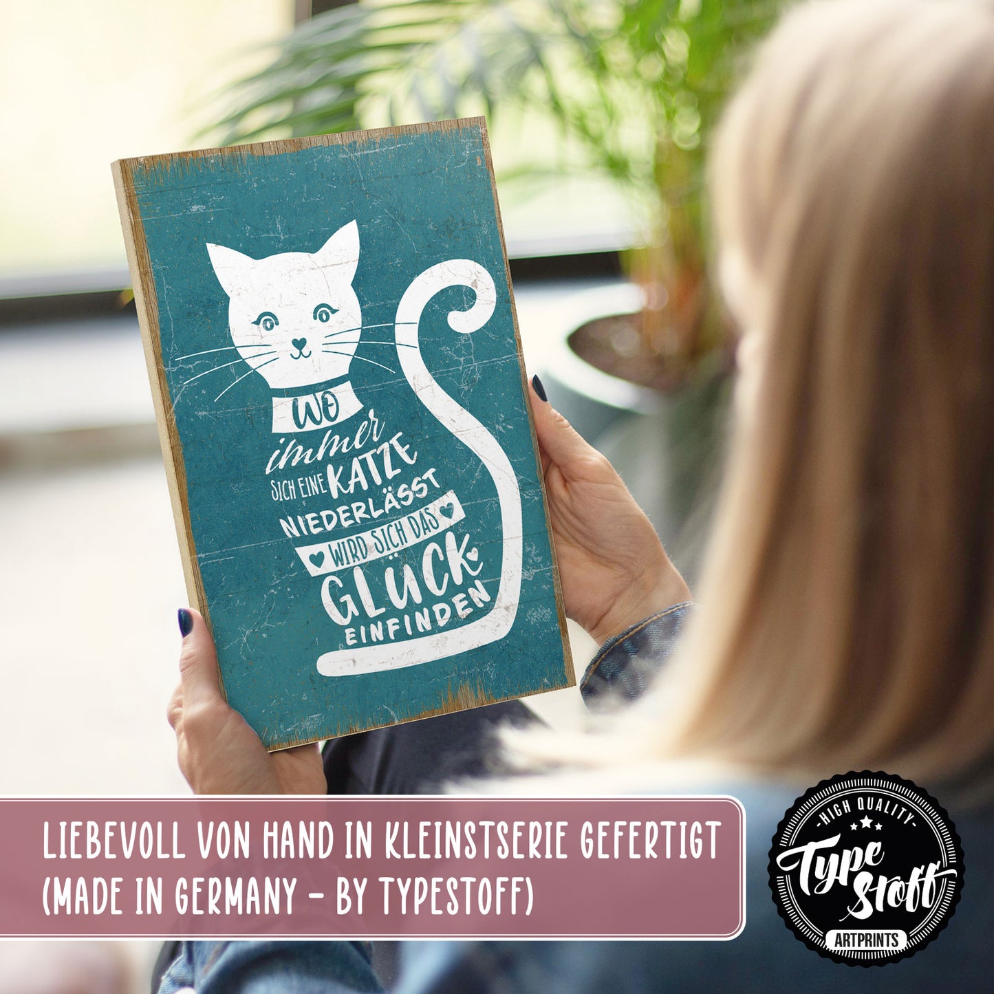 Holzschild mit Spruch - Katze - Das Glück findet sich ein – HS-GH-01018
