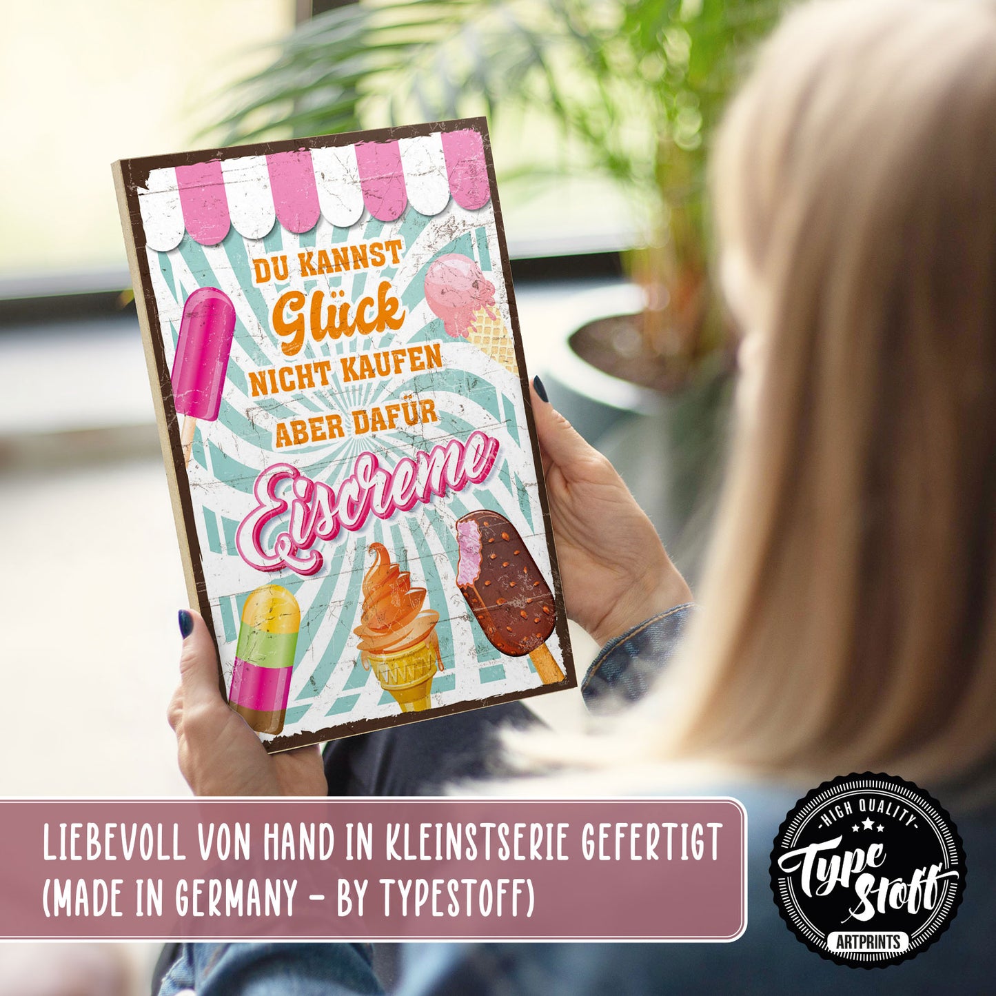 Holzschild mit Spruch - Glück nicht kaufen aber Eiscreme – HS-GH-01050