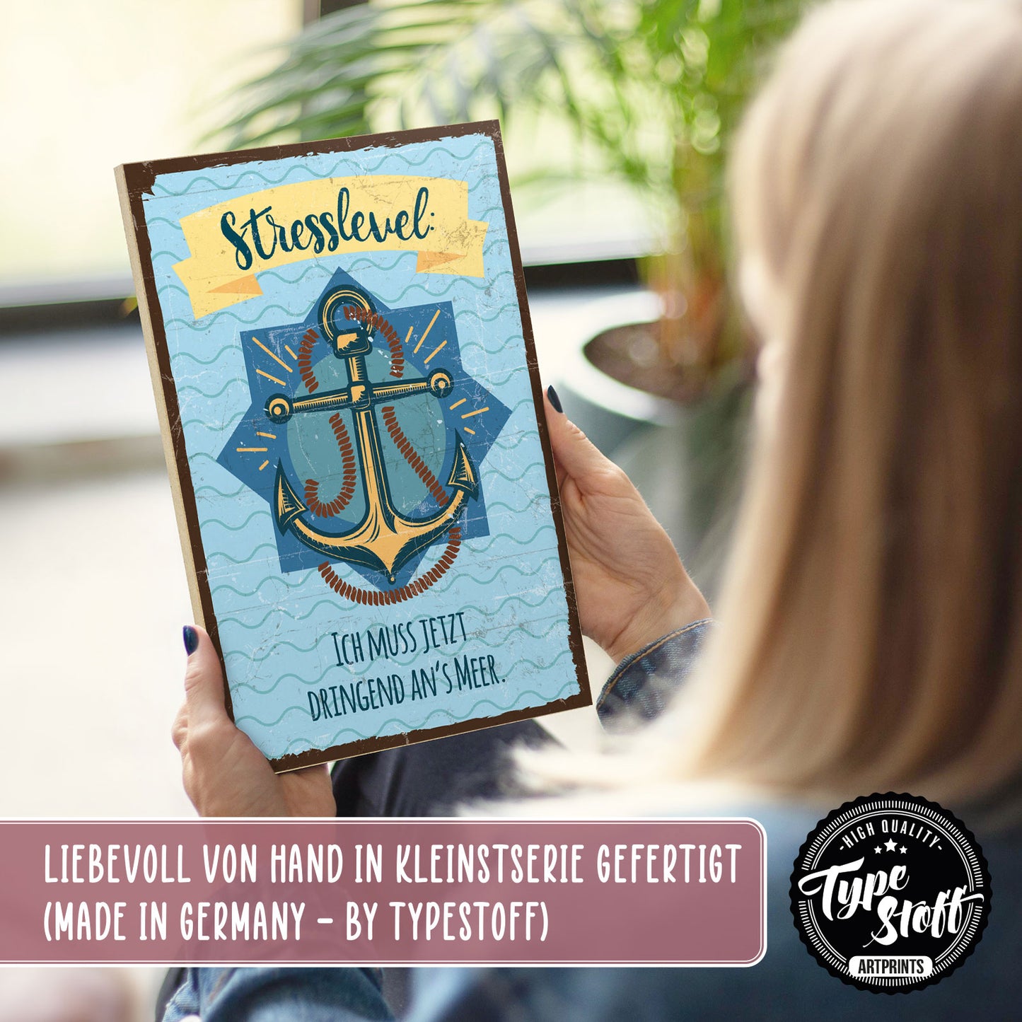 Holzschild mit Spruch - Urlaub - Stresslevel - Meer – HS-GH-01055