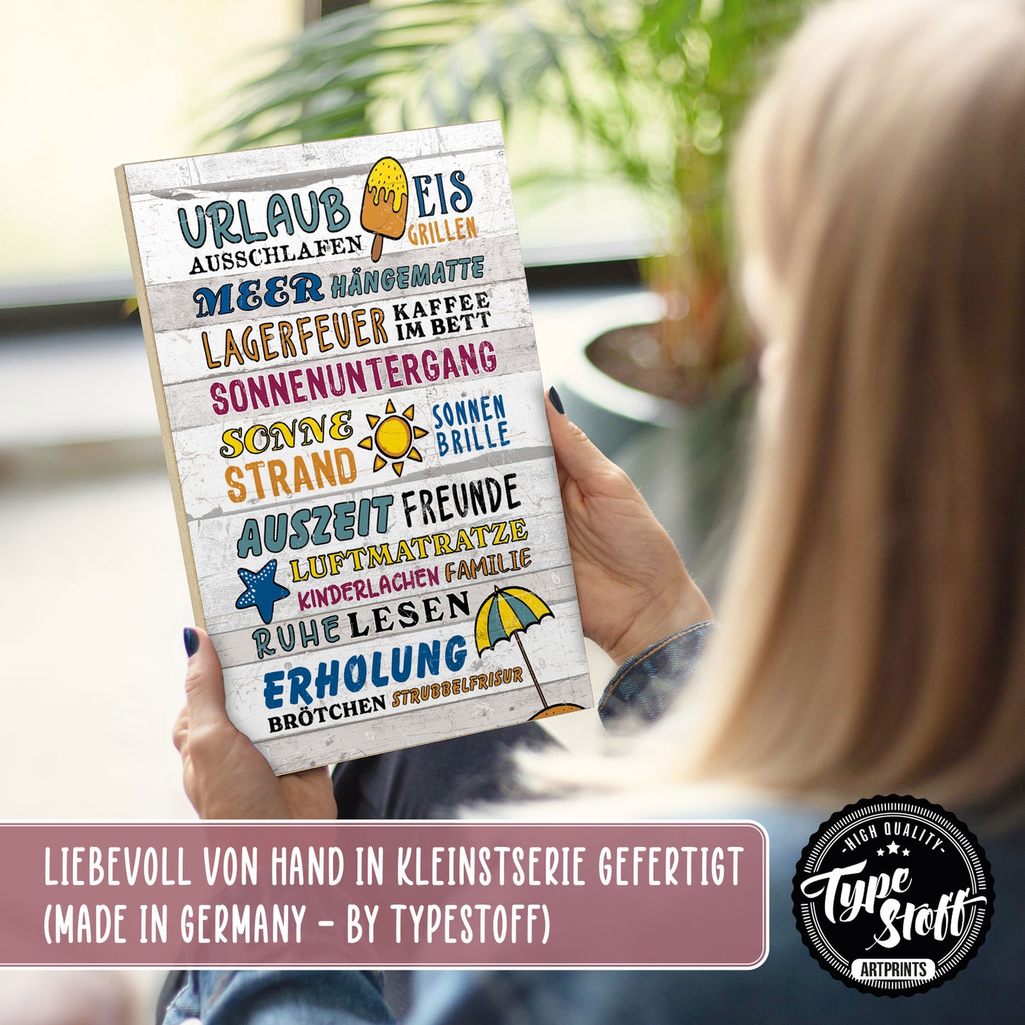 Holzschild mit Spruch - Urlaub - Ausschlafen - Grillen – HS-GH-01090