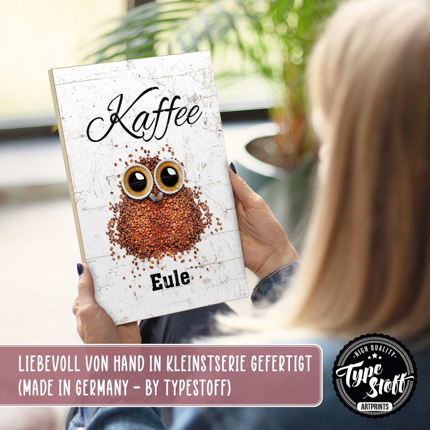 Holzschild mit Spruch - Kaffee Eule – HS-GH-01112