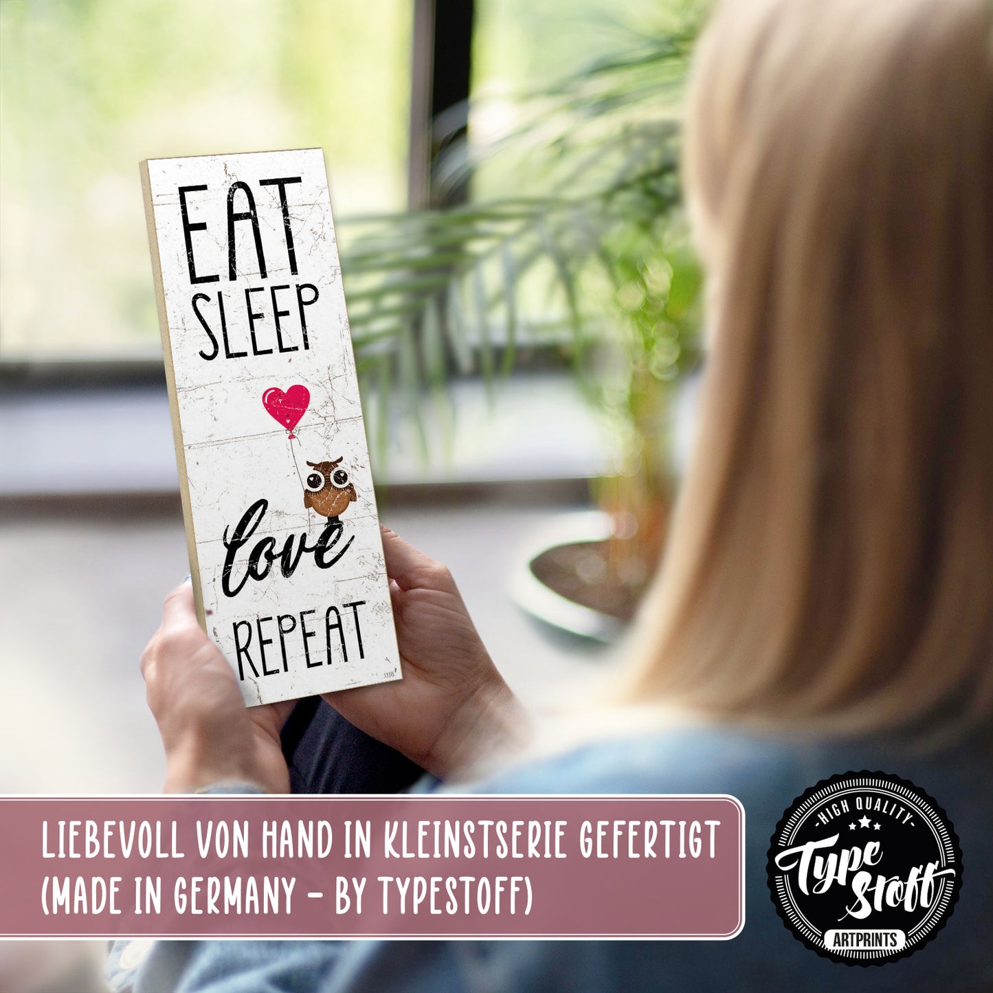 Holzschild mit Spruch - Hygge - eat sleep love repeat – HS-KH-01155