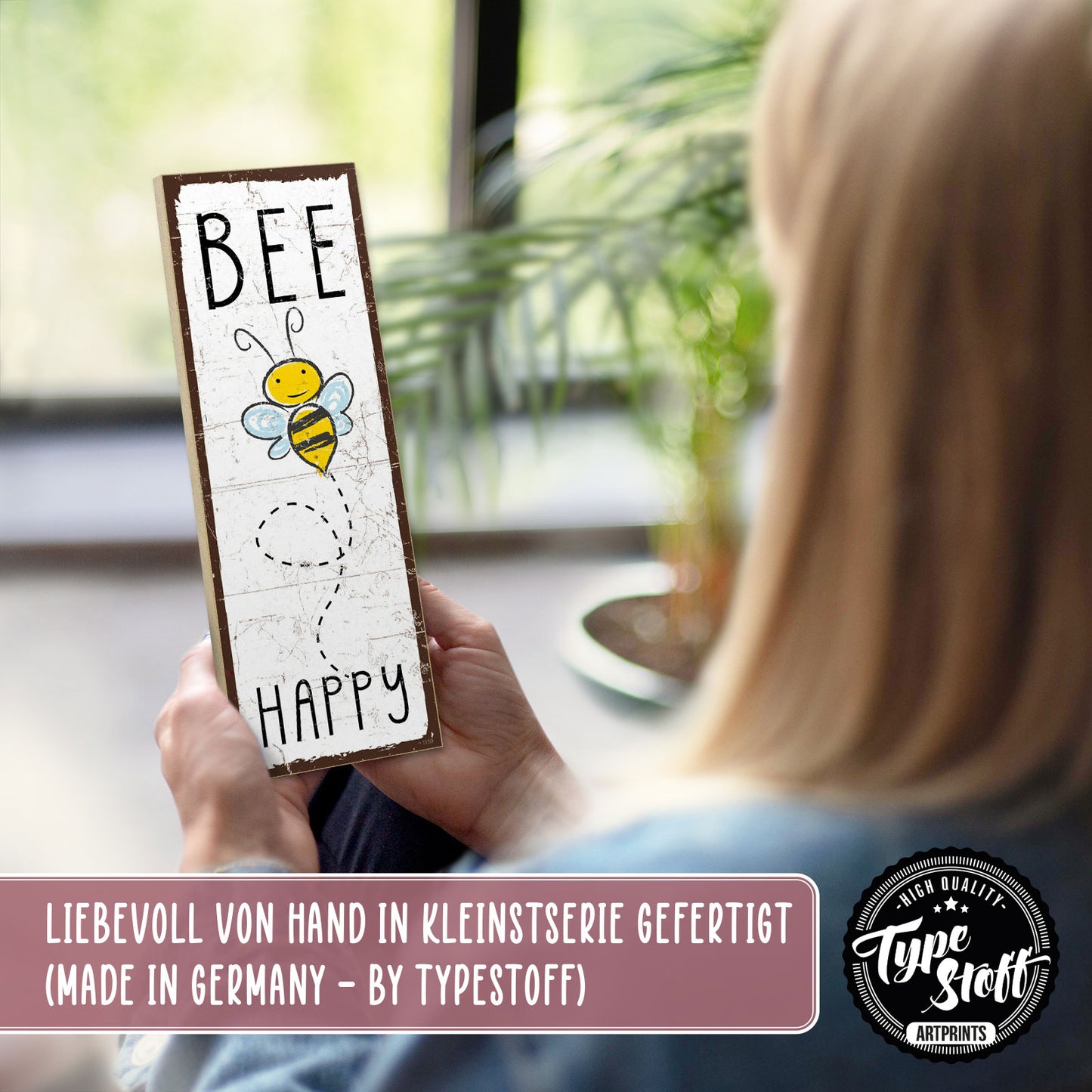 Holzschild mit Spruch - Hygge - bee happy – HS-KH-01159