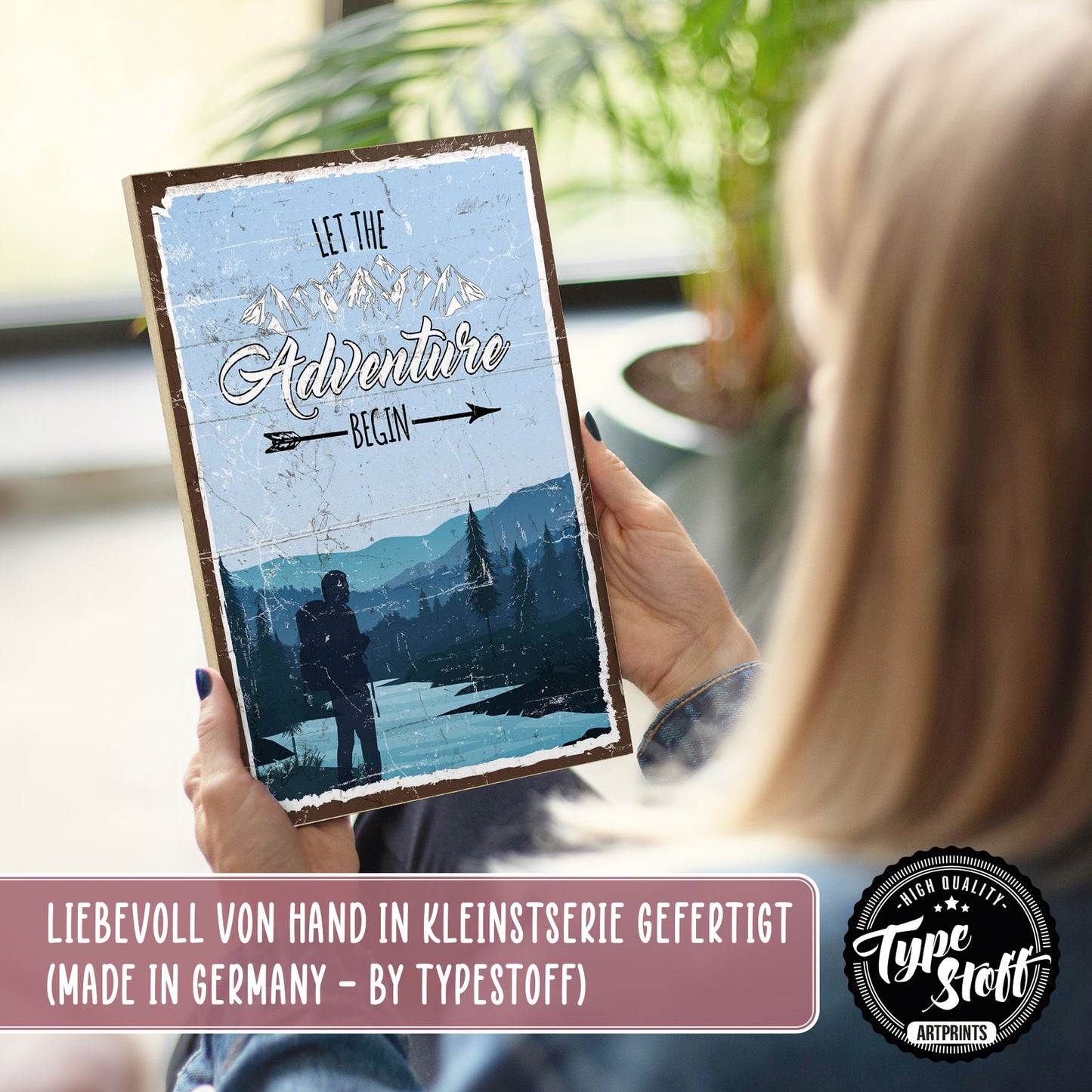 Holzschild mit Spruch - Hygge - Let the adventure begin – HS-GH-01162