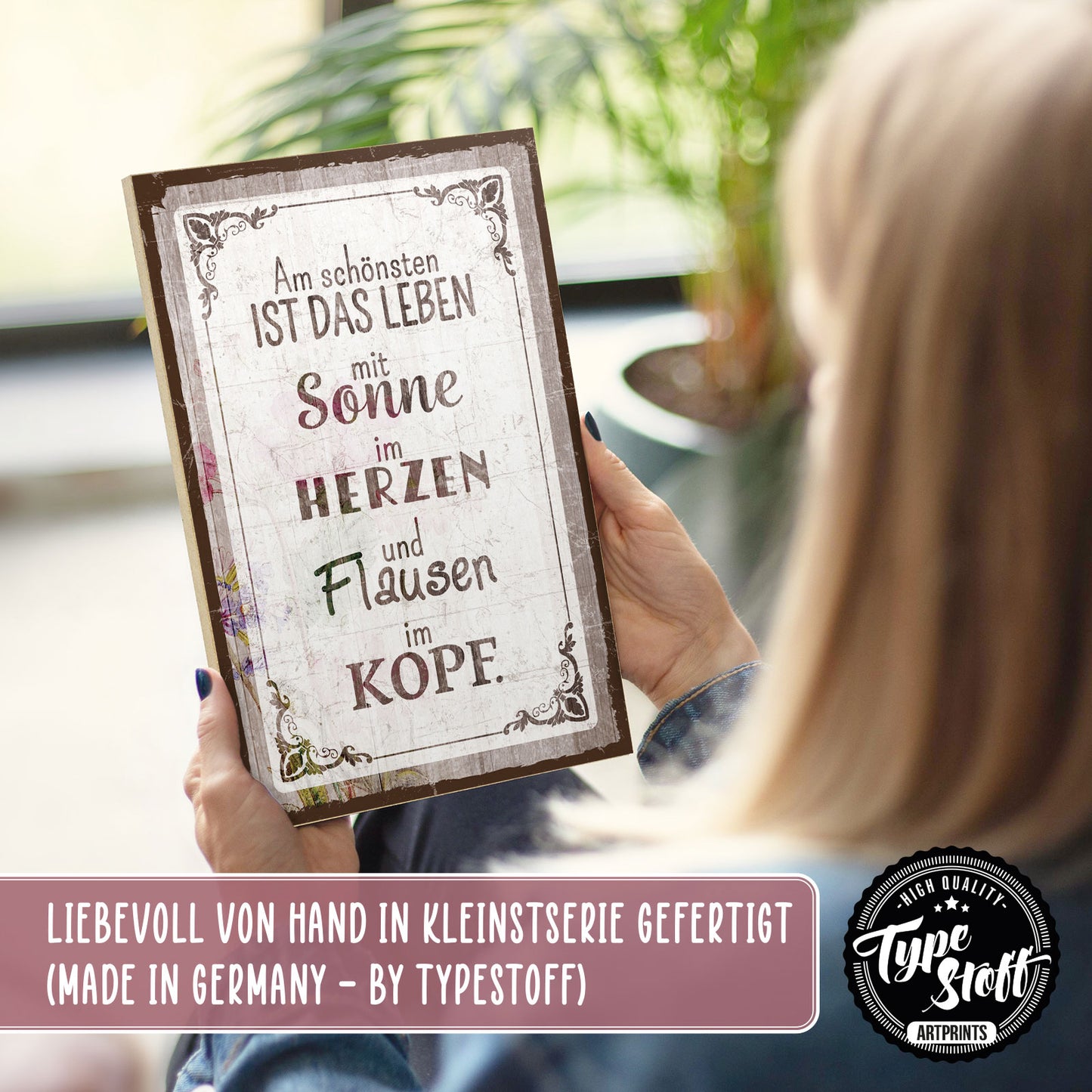 Holzschild mit Spruch - Hygge - Sonne und Flausen – HS-GH-01236