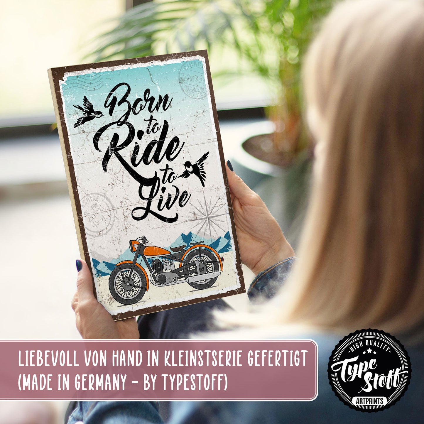 Holzschild mit Spruch - Hygge - Born to ride to live – HS-GH-01248