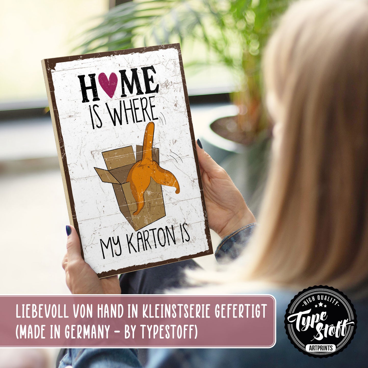 Holzschild mit Spruch - Katze - home is where my Karton is – HS-GH-01249