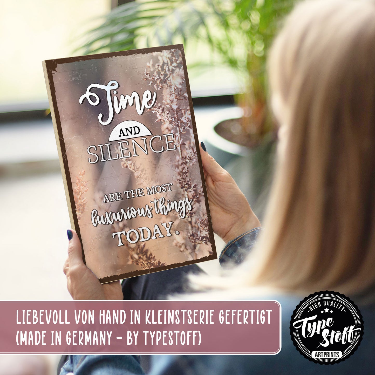 Holzschild mit Spruch - Hygge - Time and silence – HS-GH-01265