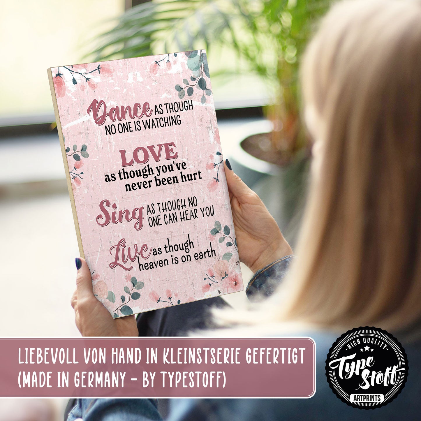 Holzschild mit Spruch - Hygge - Dance - Love - Sing – HS-GH-01282