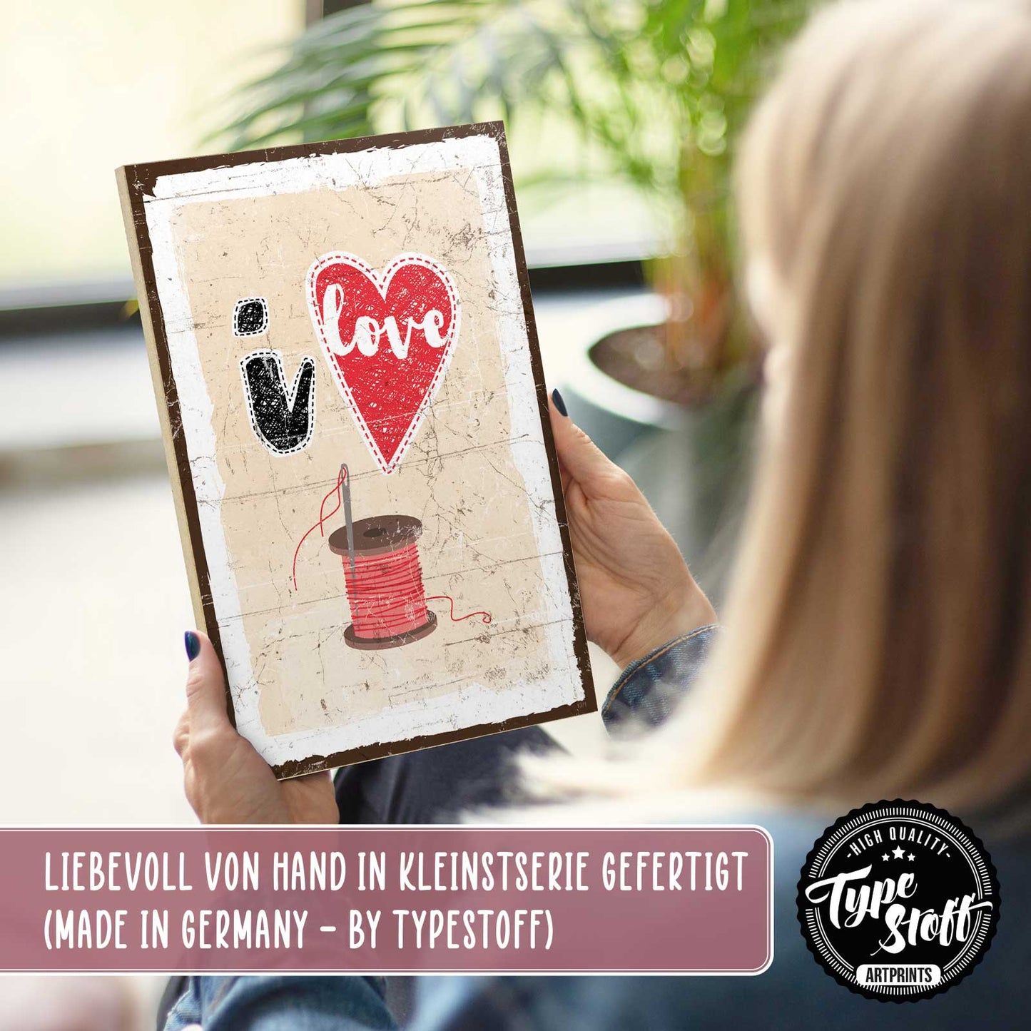 Holzschild mit Spruch - i love nähen – HS-GH-01371