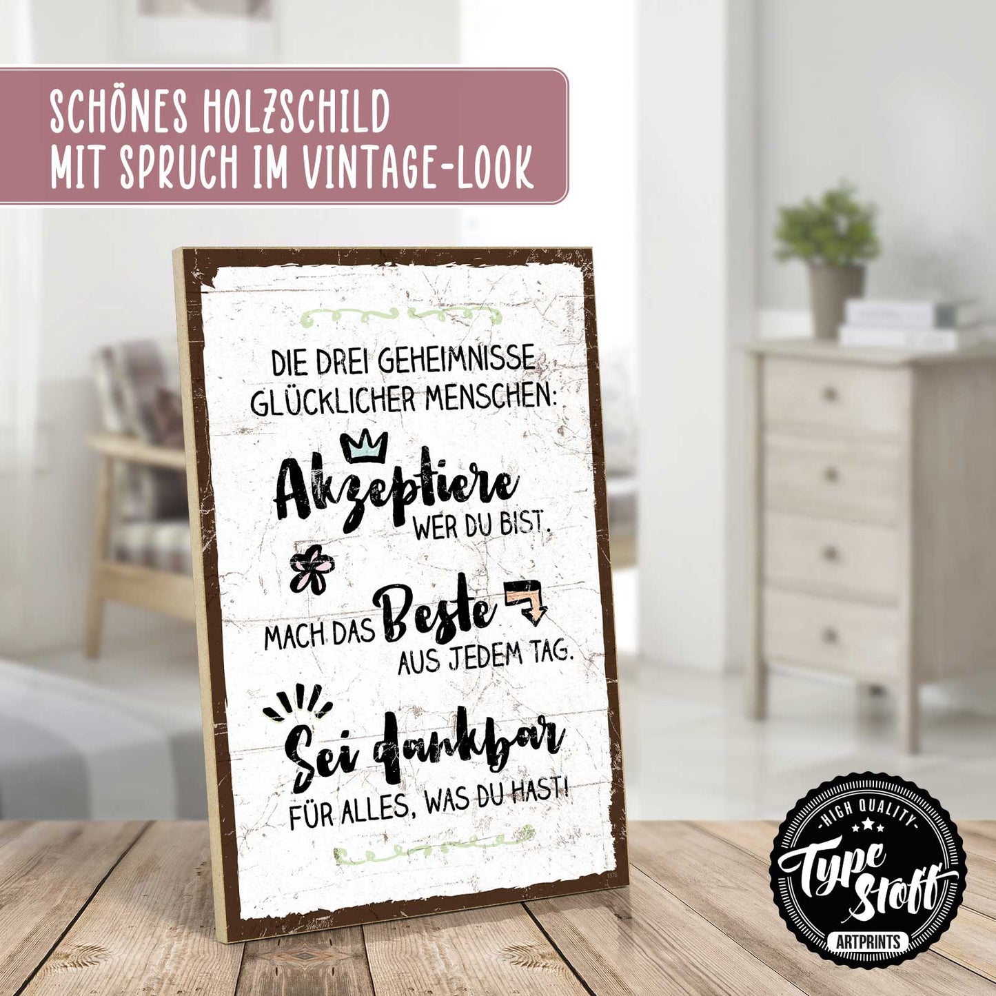 Holzschild mit Spruch - Hygge - Drei Geheimnisse – HS-GH-01378
