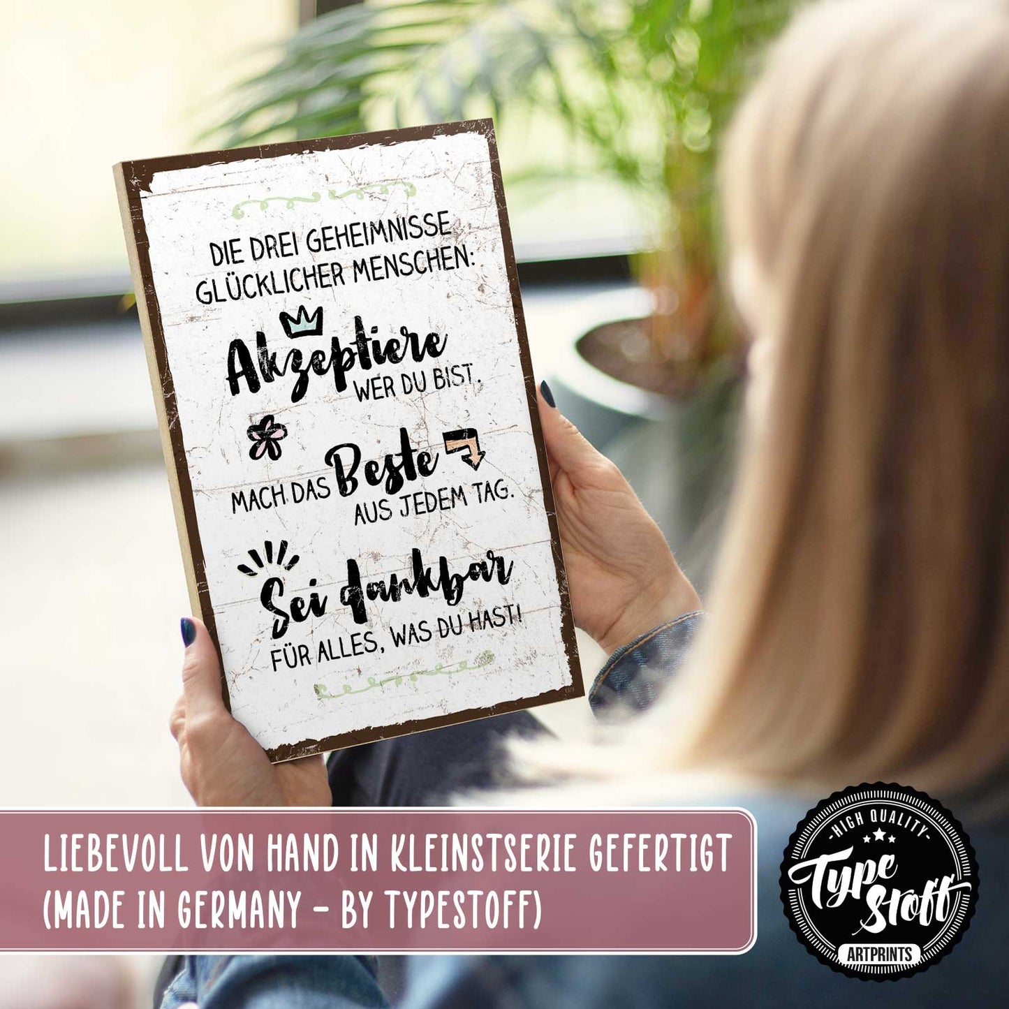 Holzschild mit Spruch - Hygge - Drei Geheimnisse – HS-GH-01378