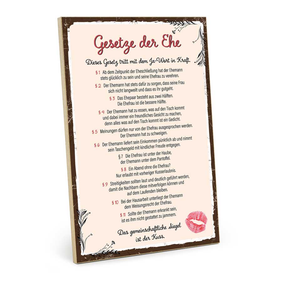 Holzschild mit Spruch - Gesetze der Ehe – GH-01557
