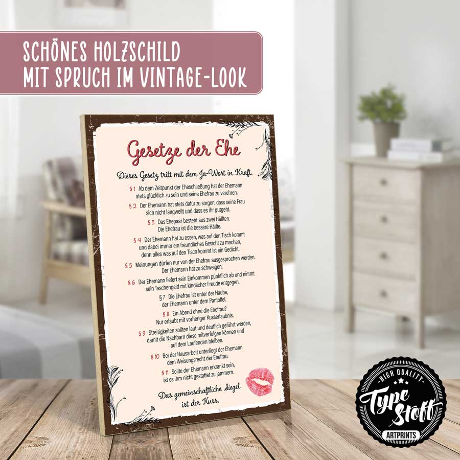 Holzschild mit Spruch - Gesetze der Ehe – GH-01557