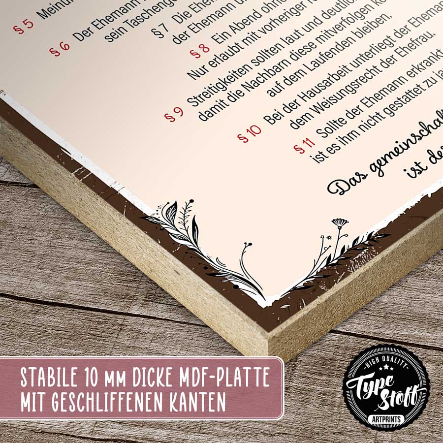 Holzschild mit Spruch - Gesetze der Ehe – GH-01557