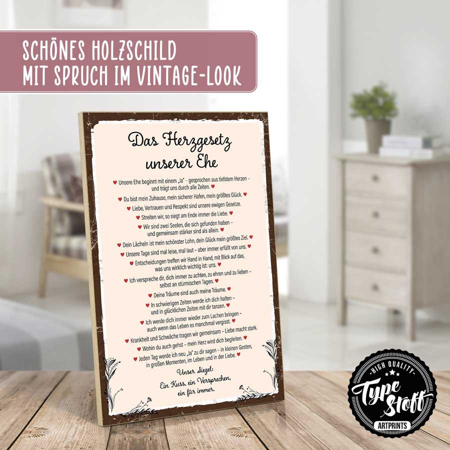 Holzschild mit Spruch - Der Herzgesetz unserer Ehe – GH-01558