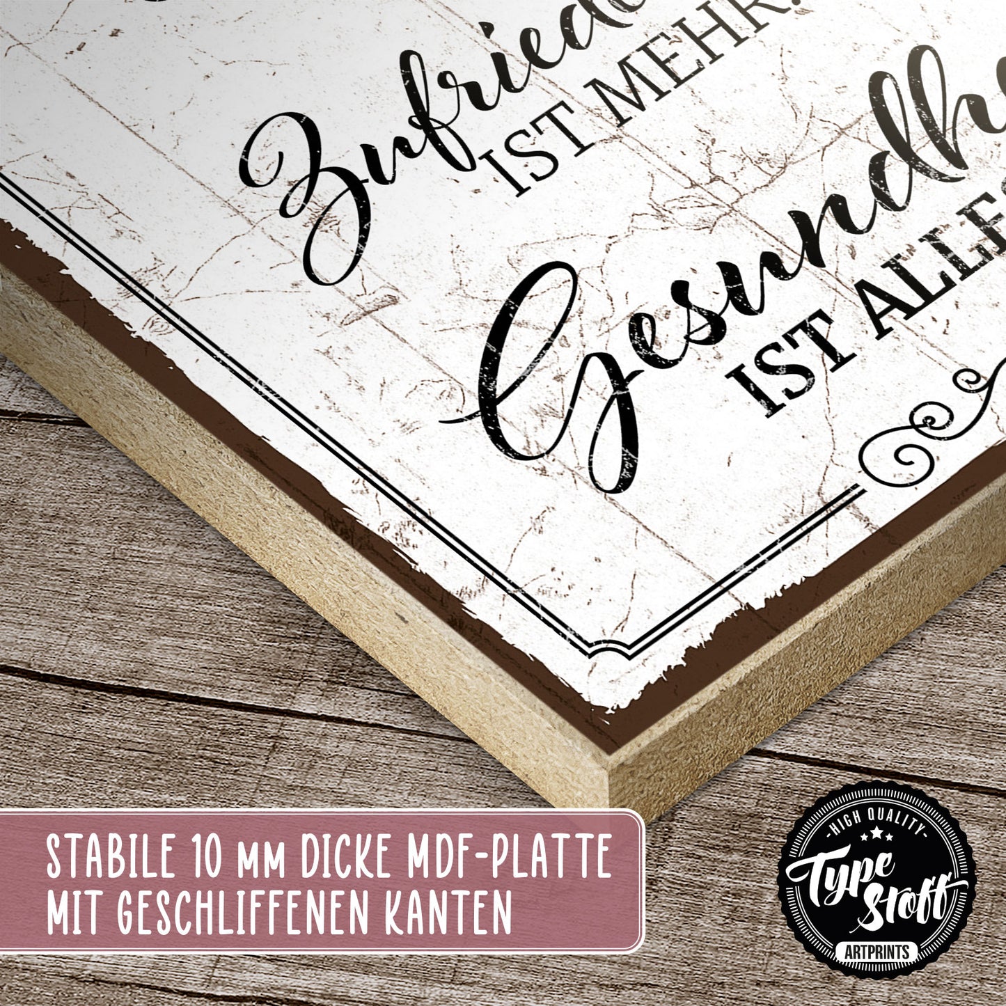 Holzschild mit Spruch - Reichtum-Zufriedenheit-Gesundheit – HS-QN-00077