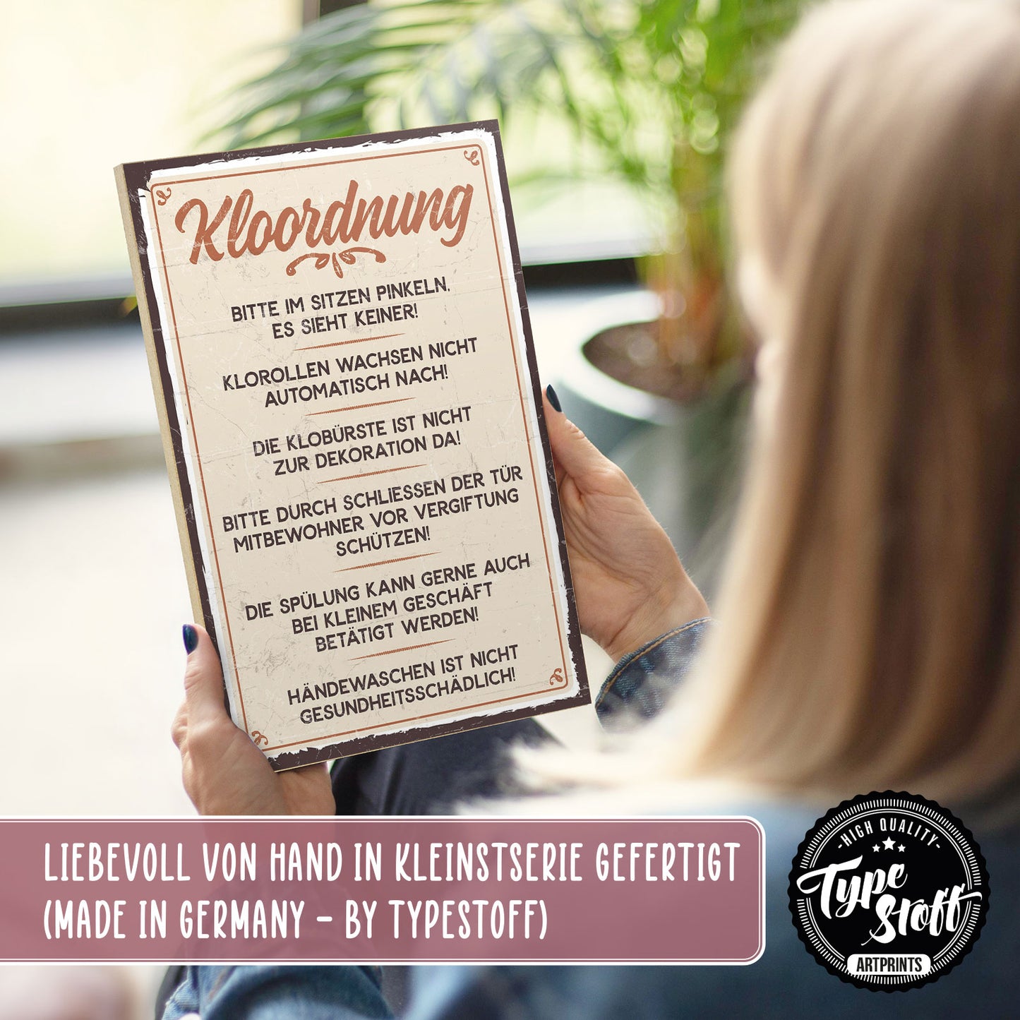 Holzschild mit Spruch - Kloordnung - im Sitzen pinkeln – HS-GH-00477