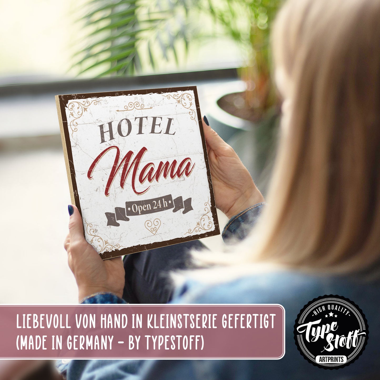 Holzschild mit Spruch - Hotel Mama - open 24 h – HS-QN-00575