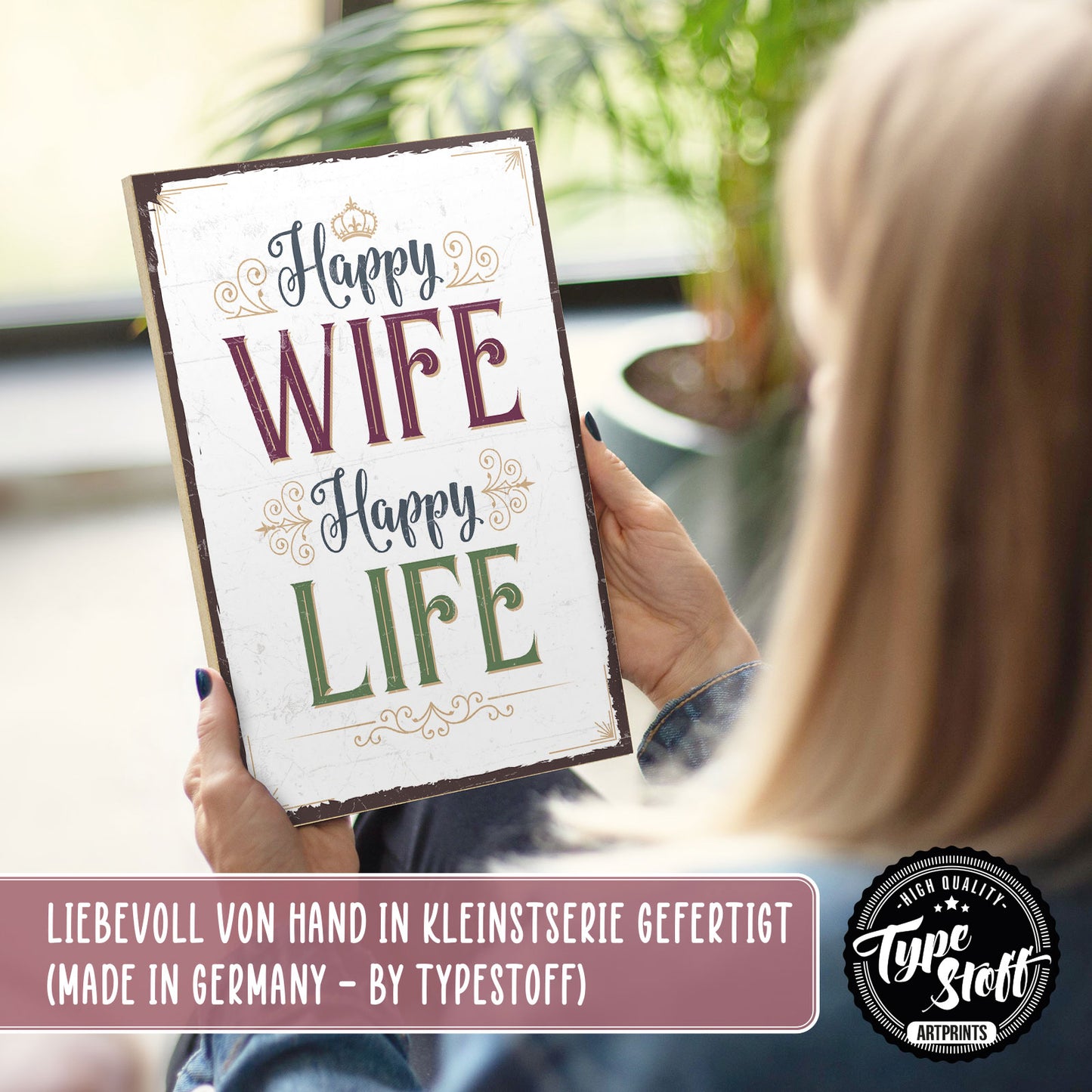 Holzschild mit Spruch - Happy wife - happy life – HS-GH-00576