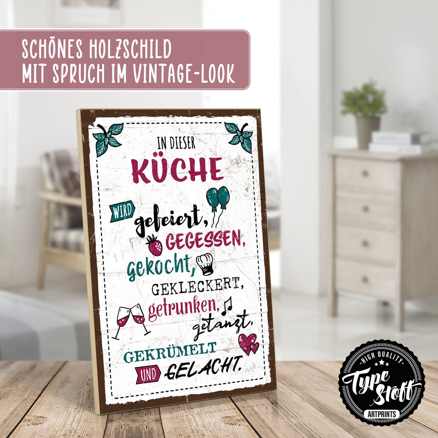Holzschild mit Spruch - Küche - Feiern Kochen Kleckern – HS-GH-00932