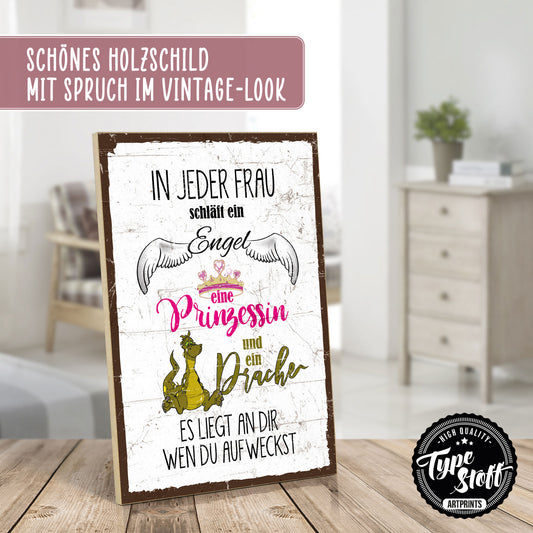 Holzschild mit Spruch - Frau Engel Prinzessin Drachen – HS-GH-00987