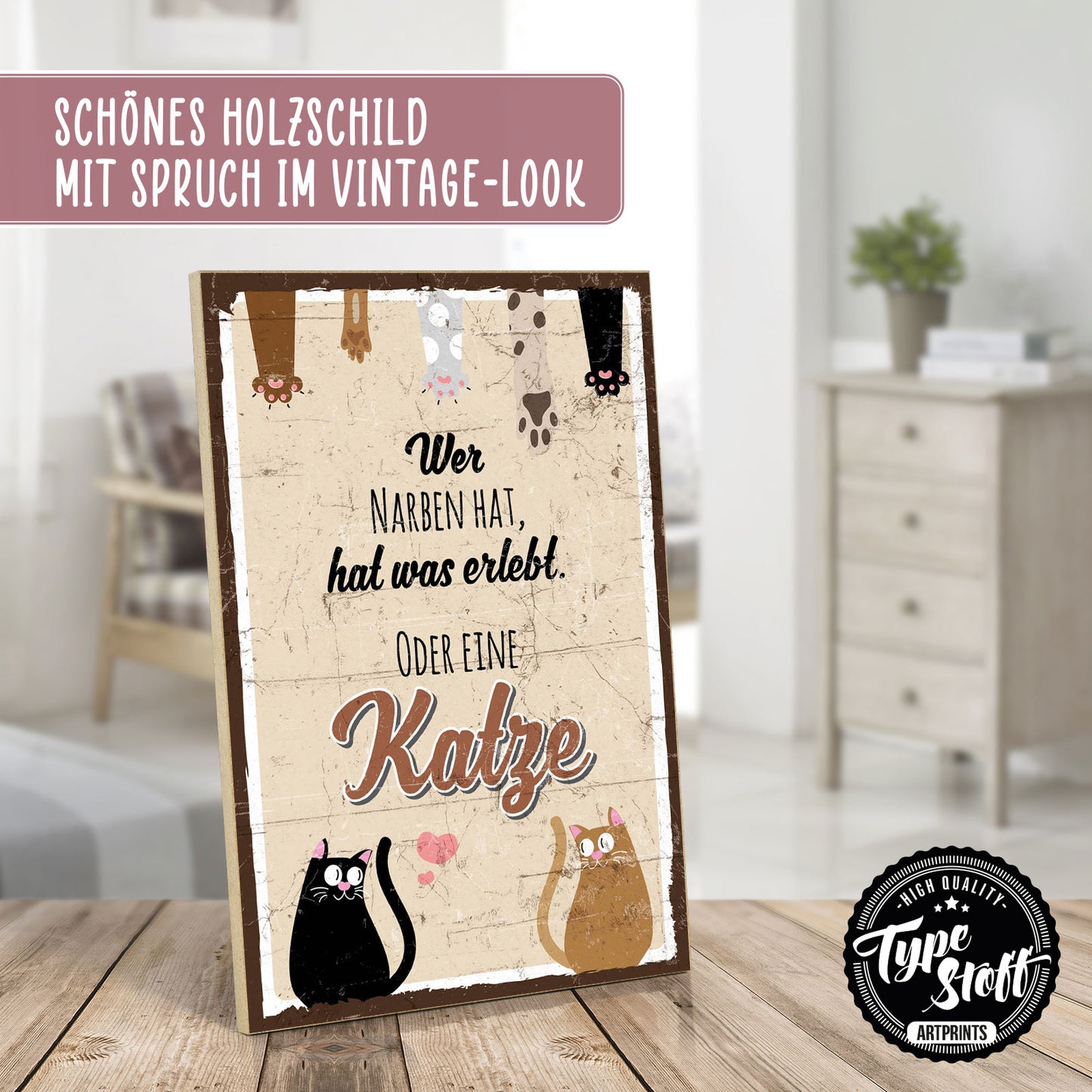 Holzschild mit Spruch - Katze - Wer Narben hat – HS-GH-01049