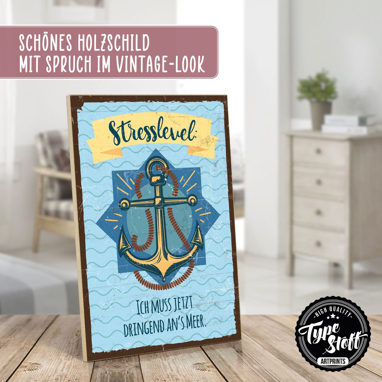 Holzschild mit Spruch - Urlaub - Stresslevel - Meer – HS-GH-01055