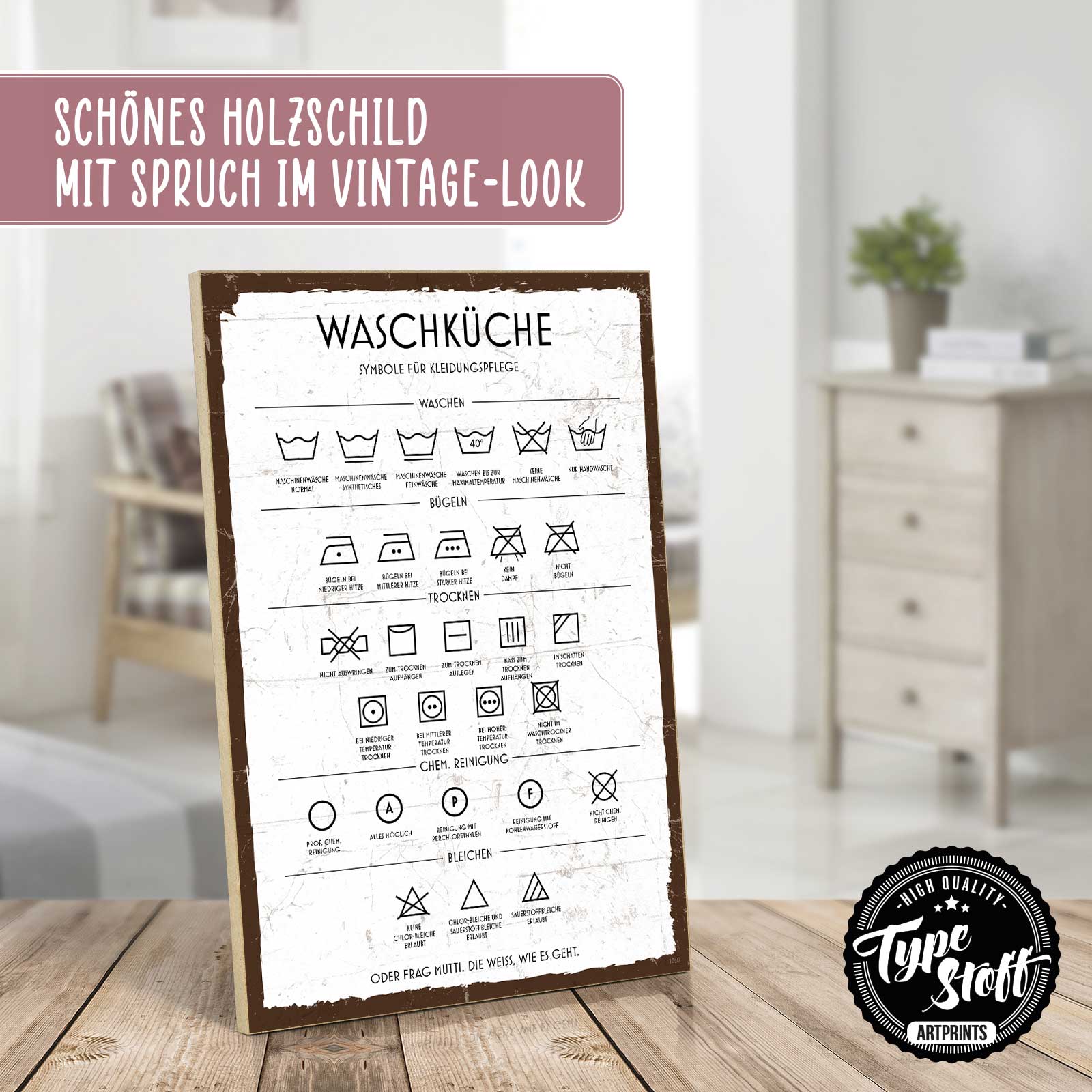Holzschild mit Spruch - Waschküche - Pflege-Symbole – HS-GH-01059 ...