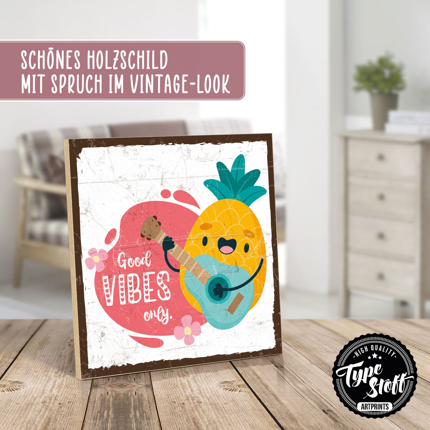 Holzschild mit Spruch - Hygge - Good vibes only - HS-QN-01066