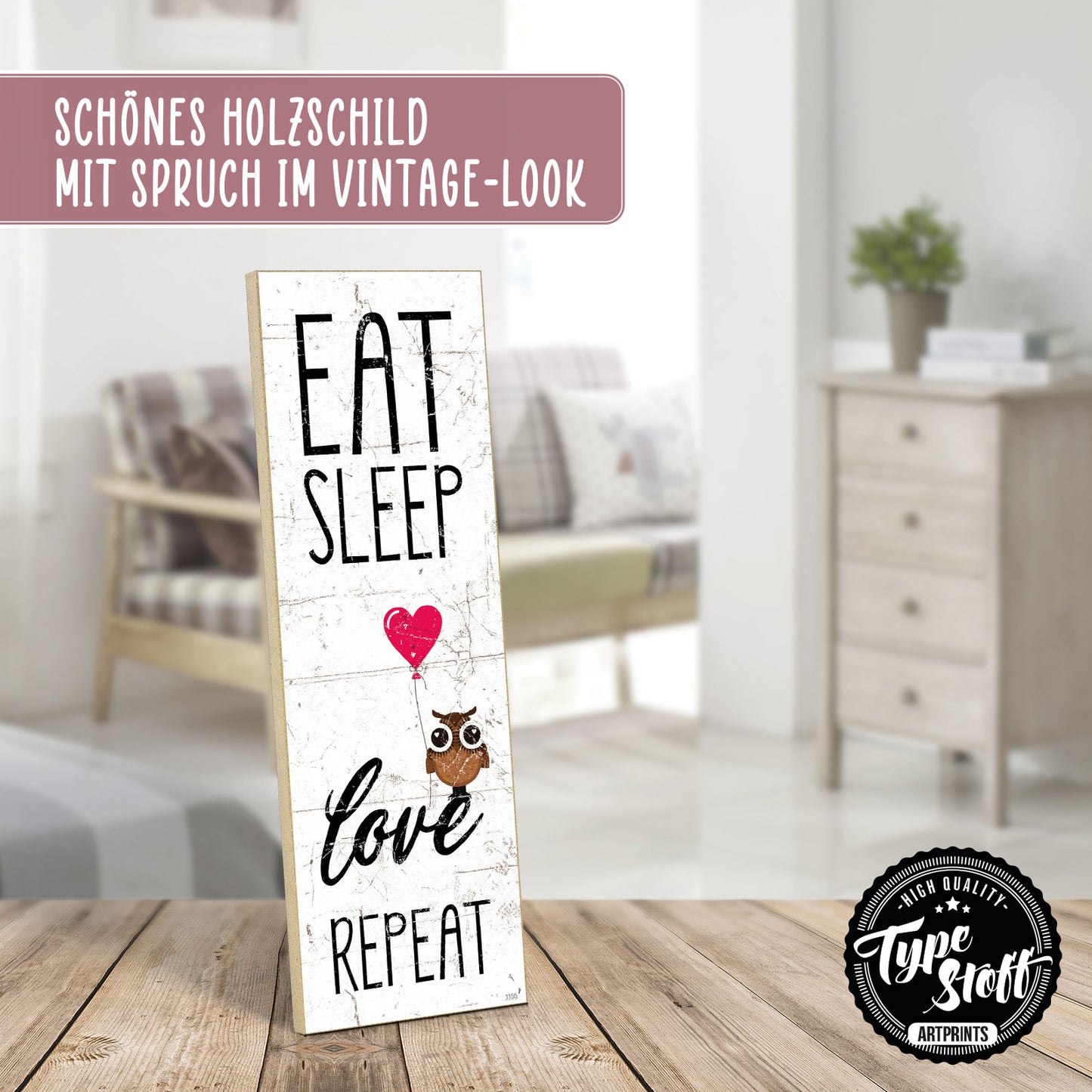 Holzschild mit Spruch - Hygge - eat sleep love repeat – HS-KH-01155