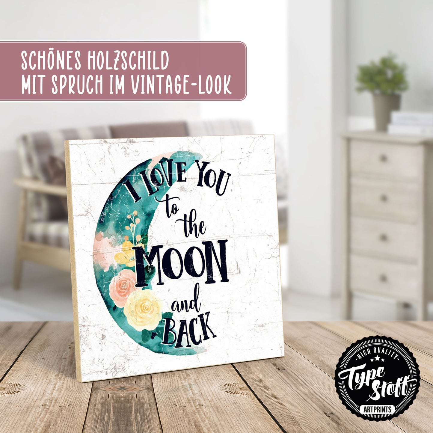 Holzschild mit Spruch - Liebe - I love you to the moon – HS-QN-01194
