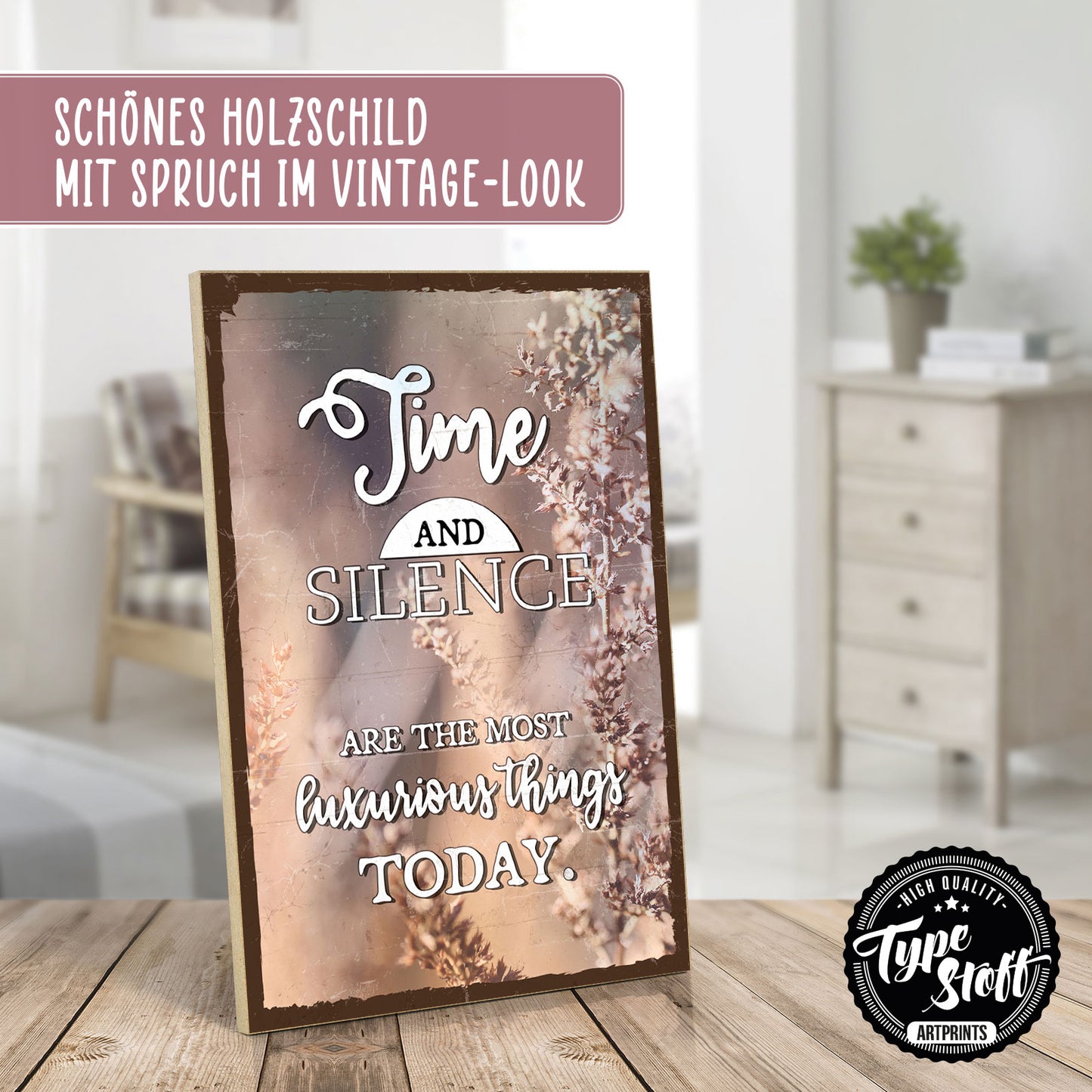 Holzschild mit Spruch - Hygge - Time and silence – HS-GH-01265