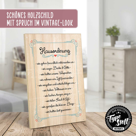 Holzschild mit Spruch - Hausordnung Familie – HS-GH-01370