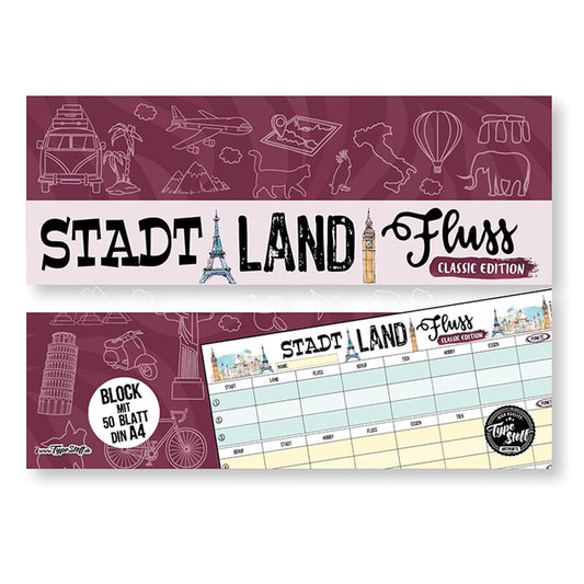 TypeStoff Stadt Land Fluss - Spielblock mit kreativen Kategorien für Kinder & Erwachsene - Familienspiel, Partyspiel und Reisespiel - Denkspiel Klassiker - 50 Blatt, DIN A4 - BC-01519